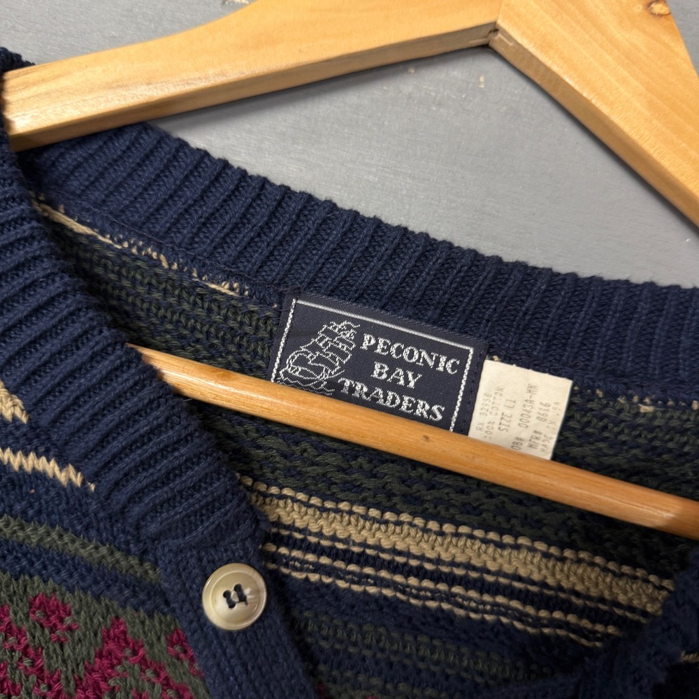Vintage Peconic Bay Traders Henley Sweater Multi Striped Geometric Knit Large - Picture 2 of 5
